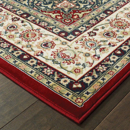 5' X 8' Red And Ivory Floral Medallion Area Rug