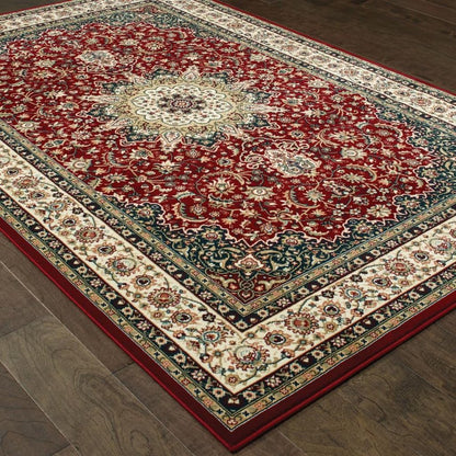 5' X 8' Red And Ivory Floral Medallion Area Rug