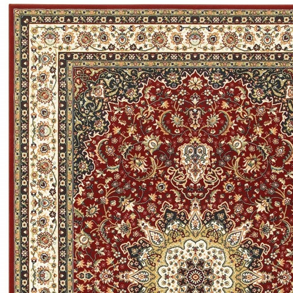 5' X 8' Red And Ivory Floral Medallion Area Rug
