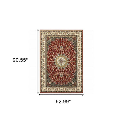 5' X 8' Red And Ivory Floral Medallion Area Rug