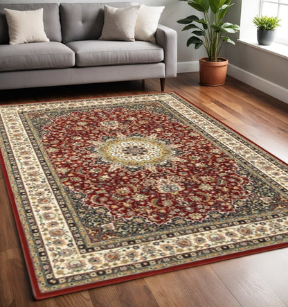 5' X 8' Red And Ivory Floral Medallion Area Rug