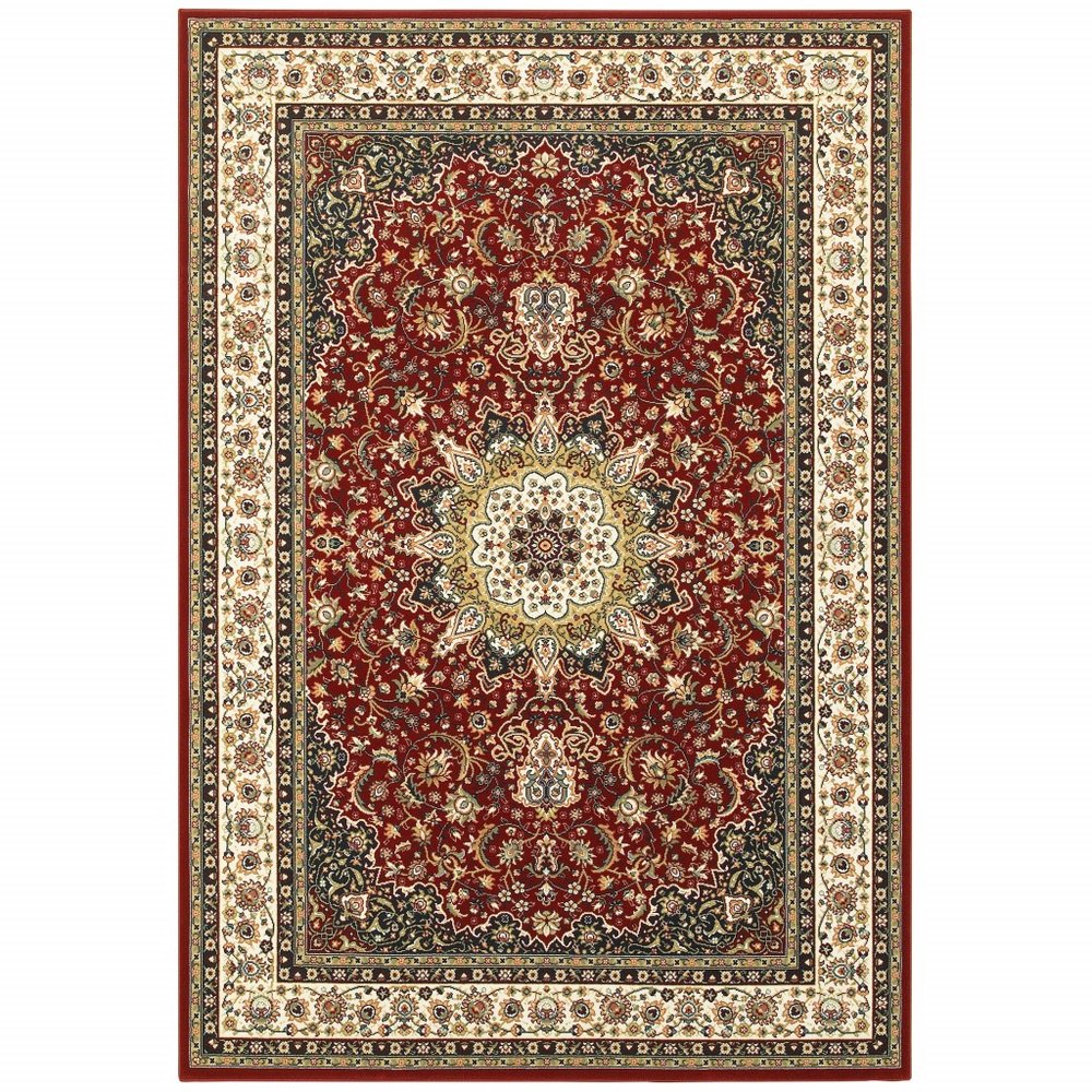5' X 8' Red And Ivory Floral Medallion Area Rug