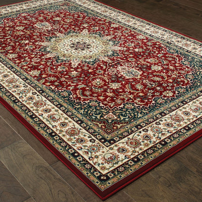 5' X 8' Red Ivory Machine Woven Oriental Indoor Area Rug