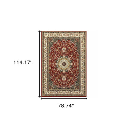 5' X 8' Red Ivory Machine Woven Oriental Indoor Area Rug