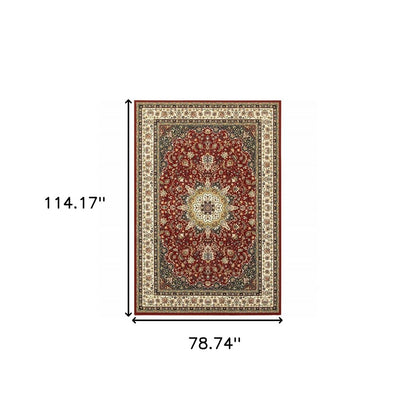 5' X 8' Red And Ivory Floral Medallion Area Rug