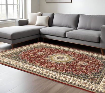 5' X 8' Red And Ivory Floral Medallion Area Rug