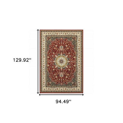 5' X 8' Red And Ivory Floral Medallion Area Rug