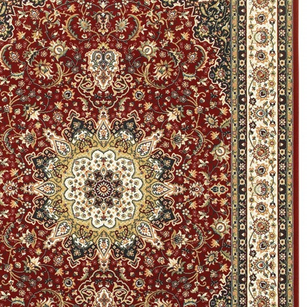 5' X 8' Red Ivory Machine Woven Oriental Indoor Area Rug