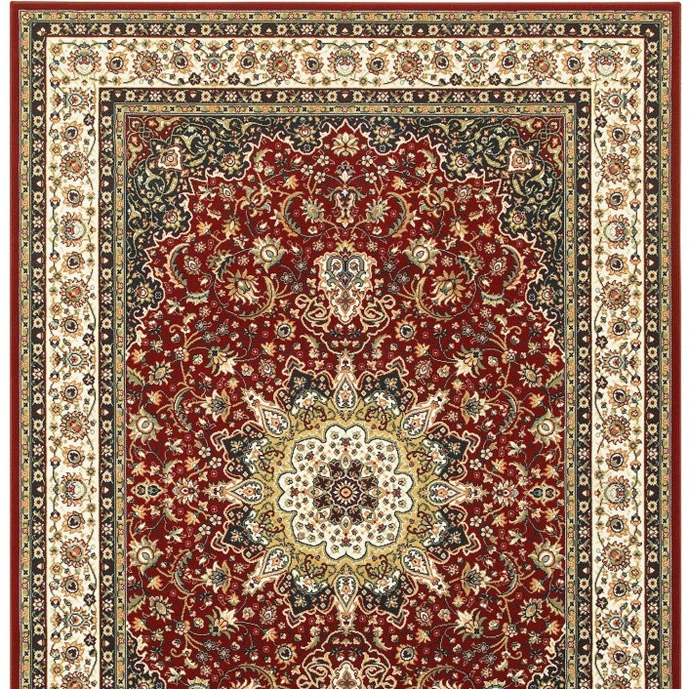 5' X 8' Red Ivory Machine Woven Oriental Indoor Area Rug