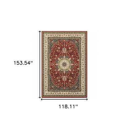 5' X 8' Red Ivory Machine Woven Oriental Indoor Area Rug