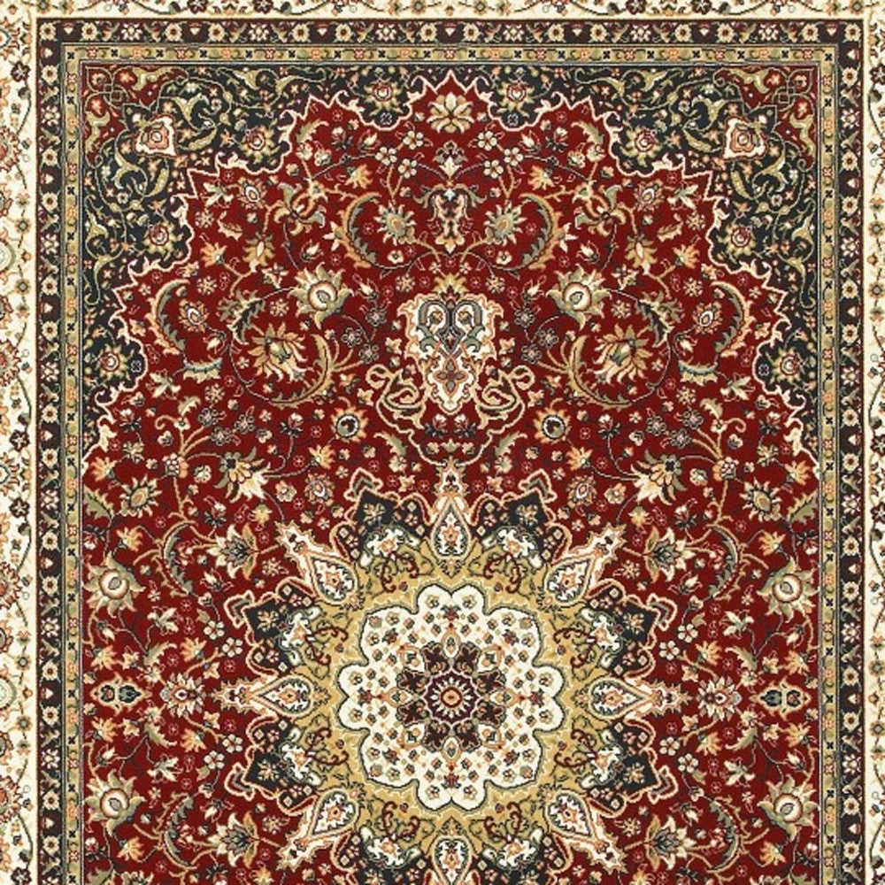 5' X 8' Red Ivory Machine Woven Oriental Indoor Area Rug