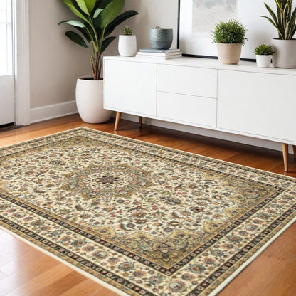 4' X 6' Ivory And Beige Floral Medallion Area Rug