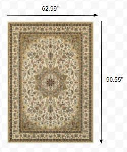 5' X 8' Ivory Beige Machine Woven Oriental Indoor Area Rug