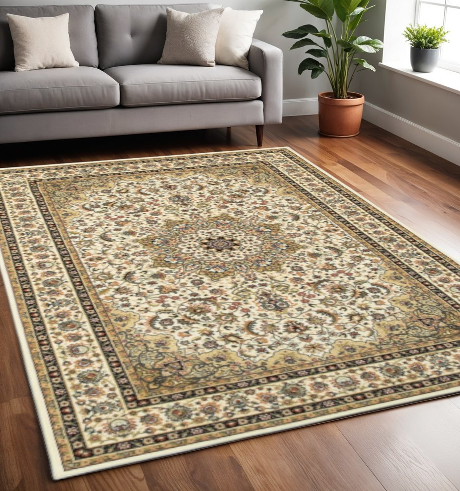 5' X 8' Ivory And Beige Floral Medallion Area Rug