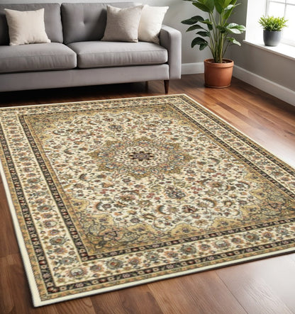 5' X 8' Ivory And Beige Floral Medallion Area Rug