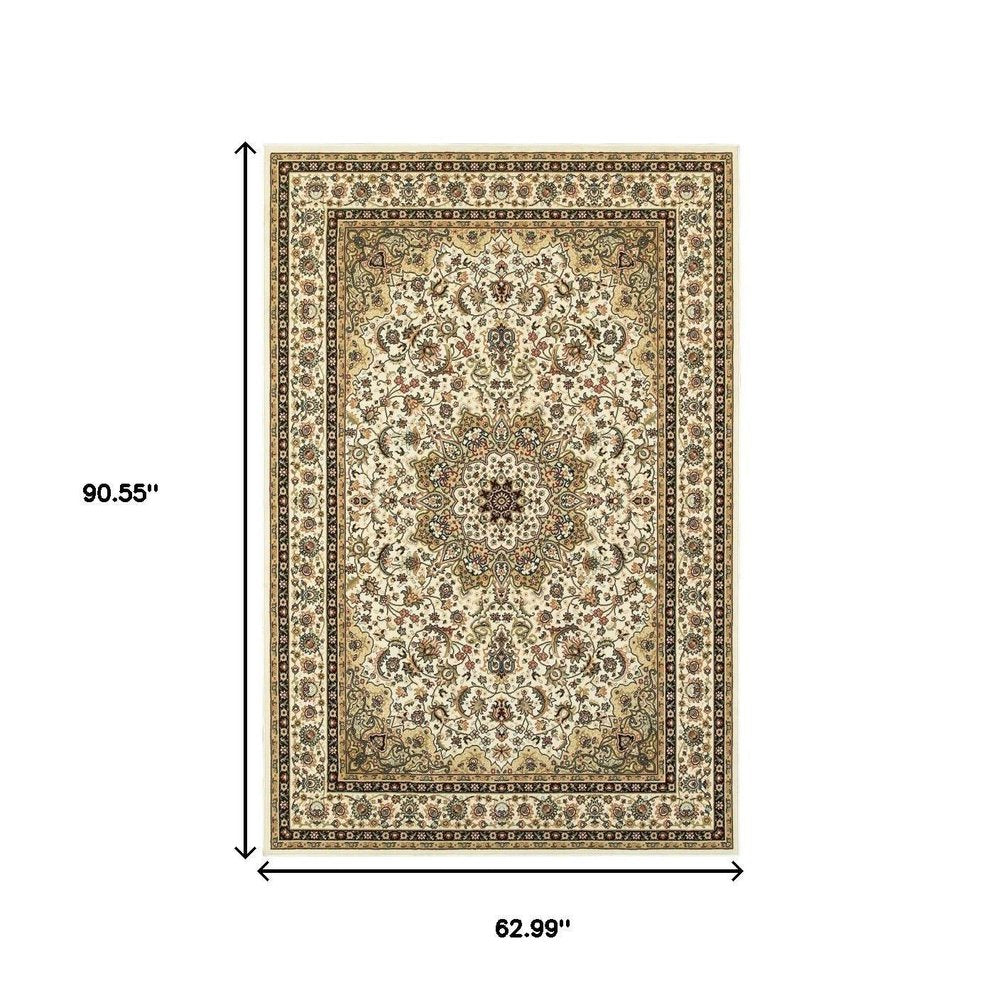 5' X 8' Ivory And Beige Floral Medallion Area Rug