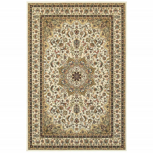 8' X 11' Ivory And Beige Floral Medallion Area Rug