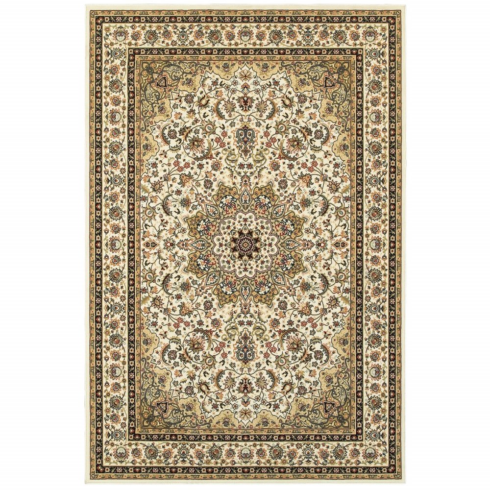 8' X 11' Ivory And Beige Floral Medallion Area Rug