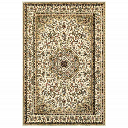 8' X 11' Ivory And Beige Floral Medallion Area Rug