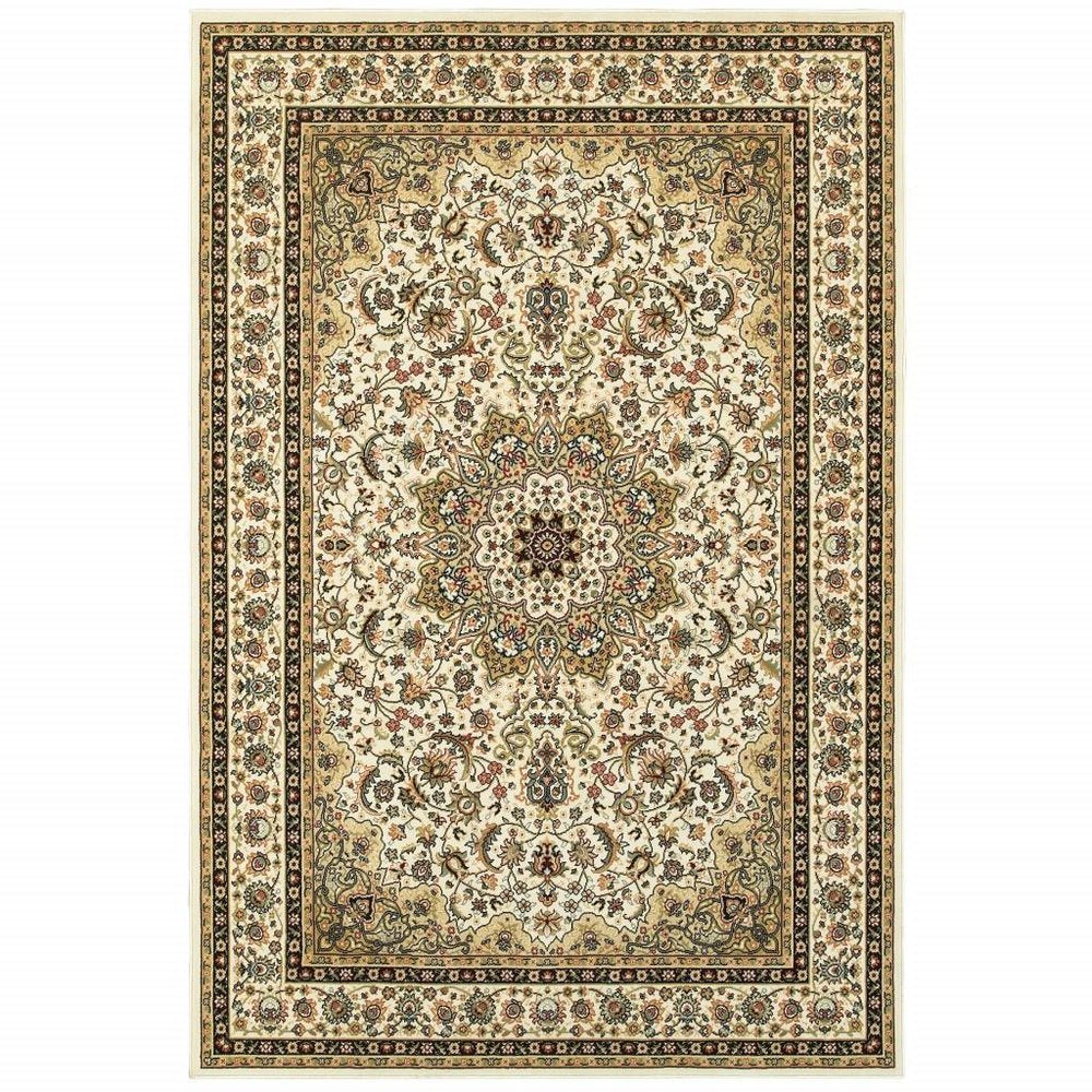 8' X 11' Ivory And Beige Floral Medallion Area Rug