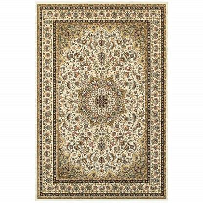 8' X 11' Ivory And Beige Floral Medallion Area Rug