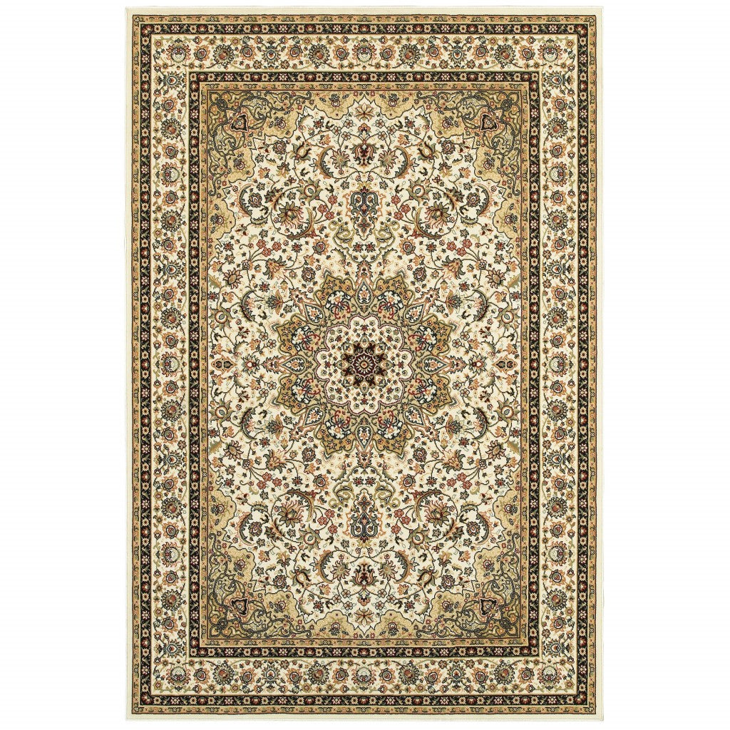 7' X 10' Ivory Beige Machine Woven Oriental Indoor Area Rug