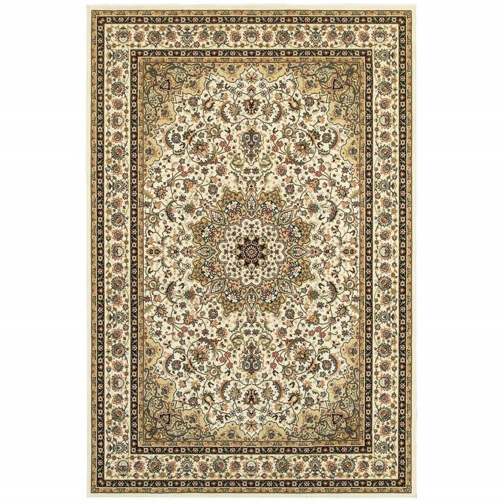 8' X 11' Ivory And Beige Floral Medallion Area Rug