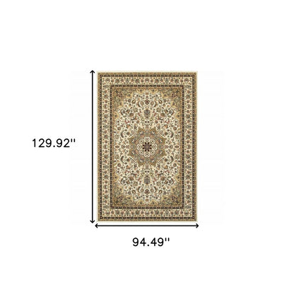 8' X 11' Ivory And Beige Floral Medallion Area Rug