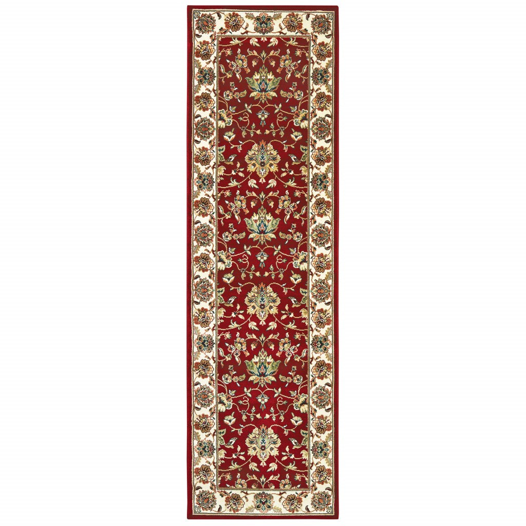 8' Red Ivory Machine Woven Floral Oriental Indoor Runner Rug