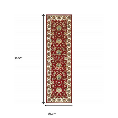 8' Red Ivory Machine Woven Floral Oriental Indoor Runner Rug