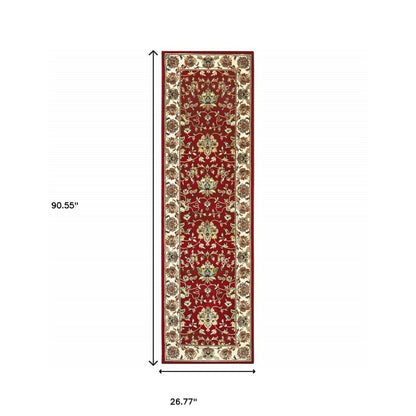 8' Red And Ivory Runner Rug