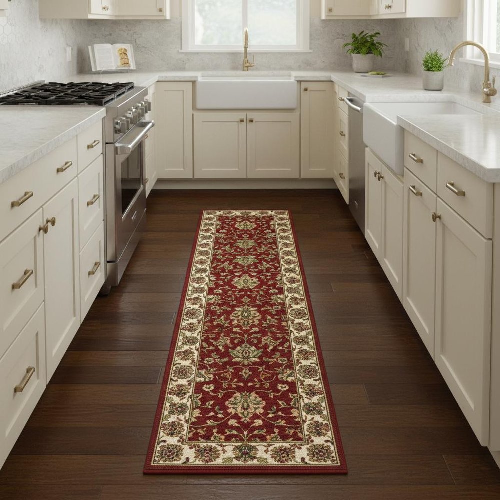 8' Red And Ivory Runner Rug