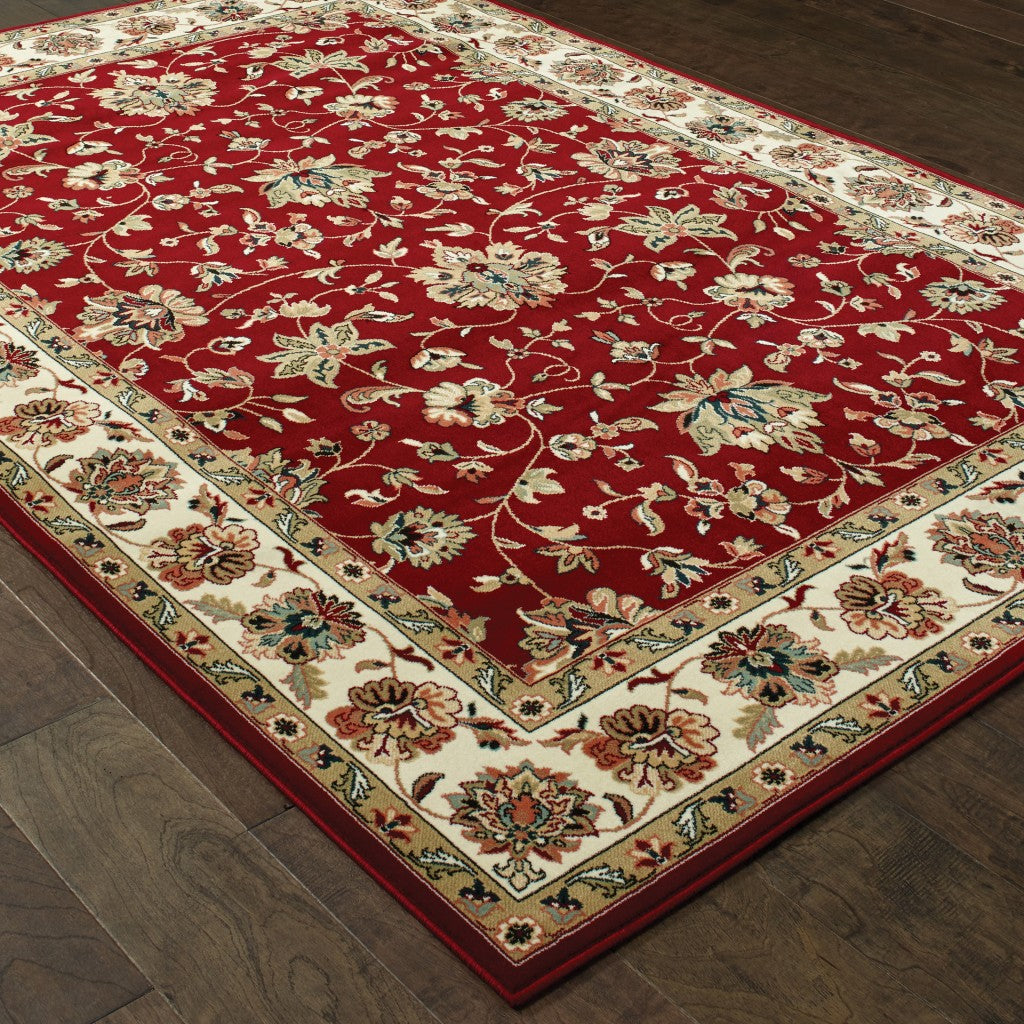 5' X 8' Red and Ivory Oriental Power Loom Area Rug