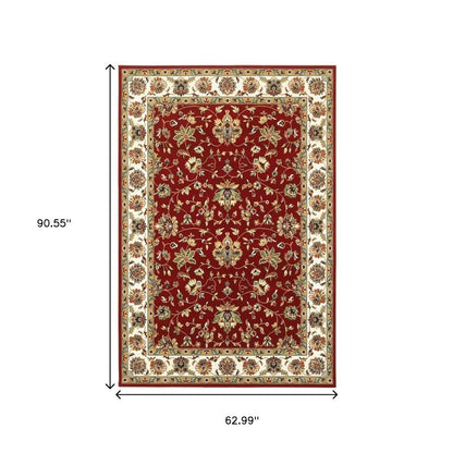 5' X 8' Red and Ivory Oriental Power Loom Area Rug