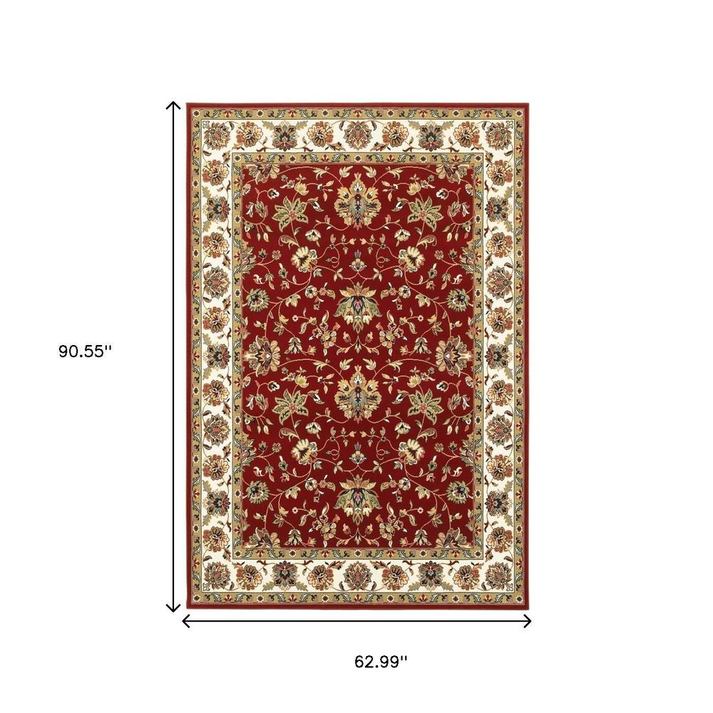 5' X 8' Red and Ivory Oriental Power Loom Area Rug