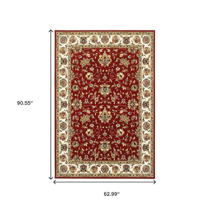 5' X 8' Red and Ivory Oriental Power Loom Area Rug