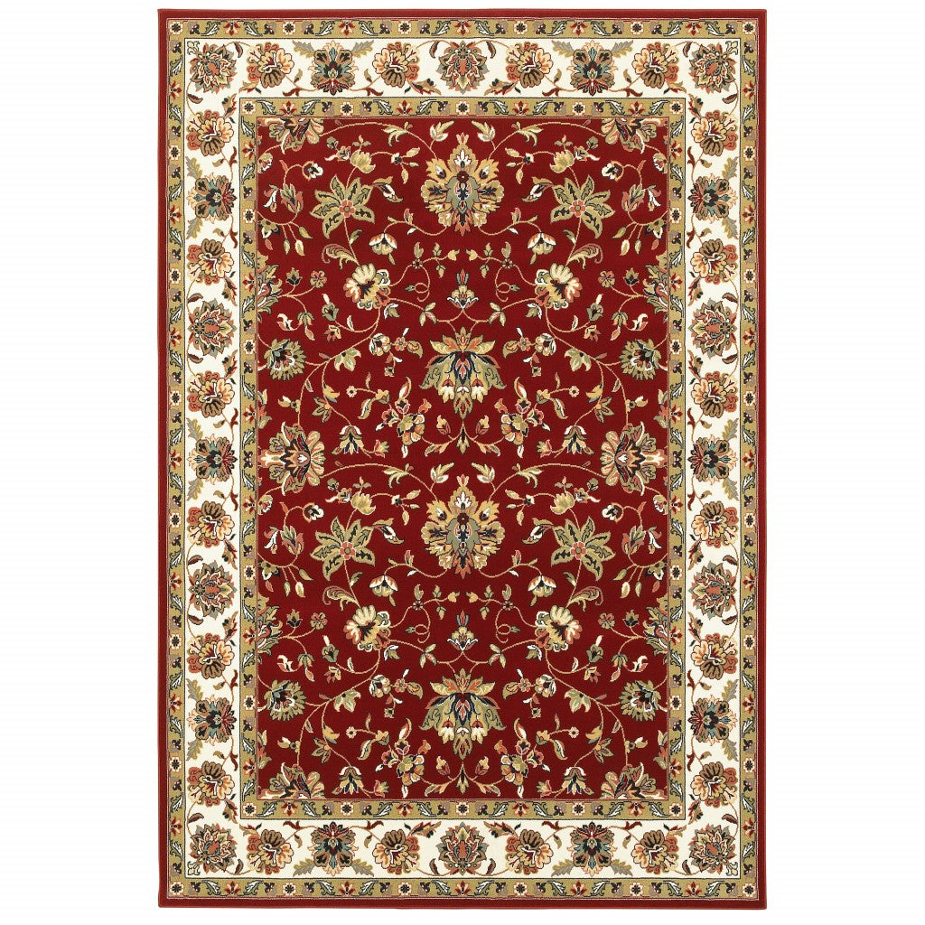 7' X 10' Red Ivory Machine Woven Floral Oriental Indoor Area Rug