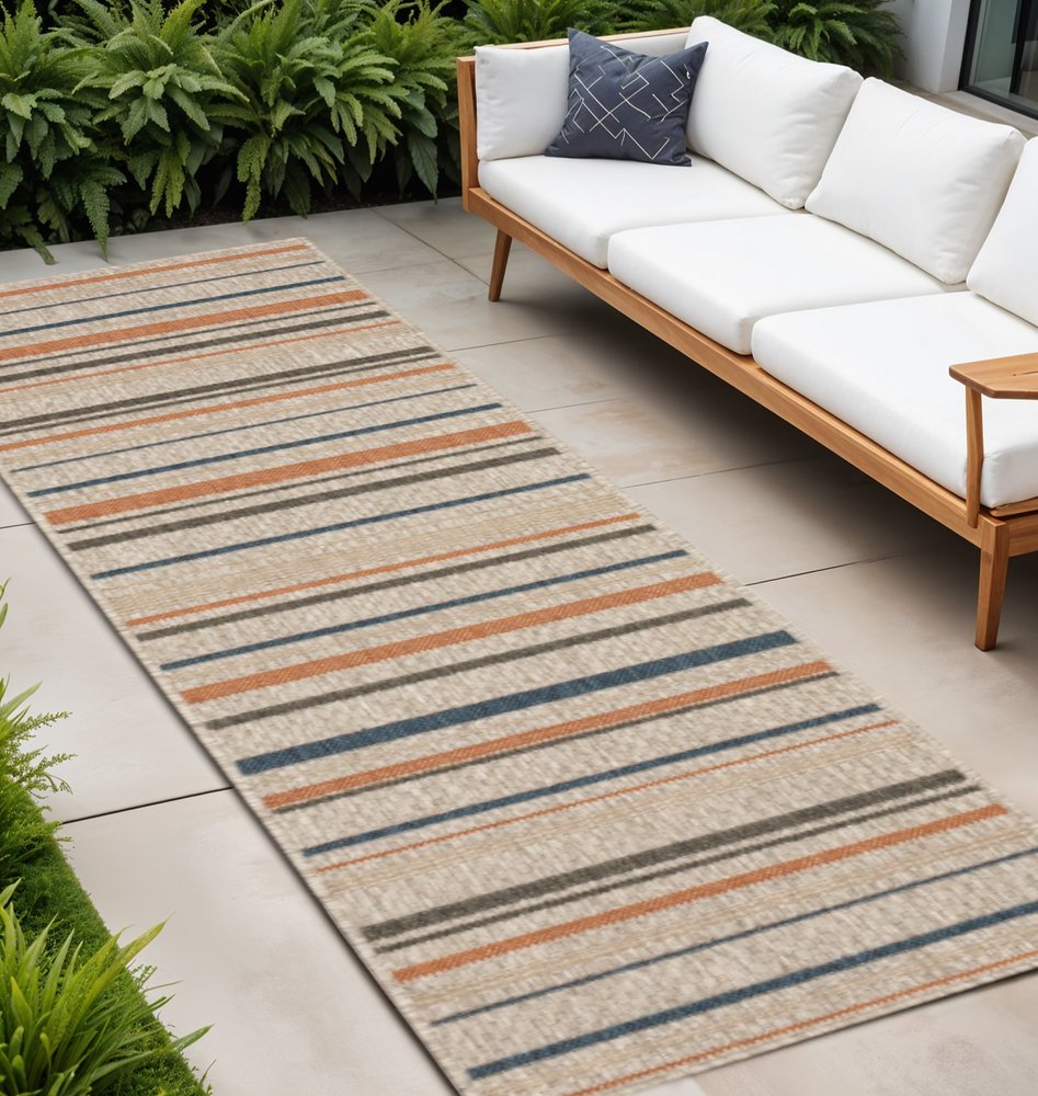 7' X 9' Blue And Gray Striped Indoor Outdoor Area Rug