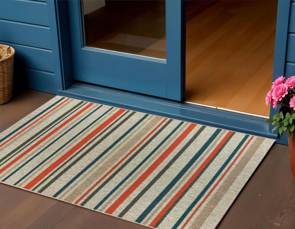 3' X 5' Blue And Gray Striped Indoor Outdoor Area Rug