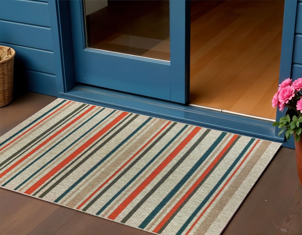 7' X 9' Blue And Gray Striped Indoor Outdoor Area Rug