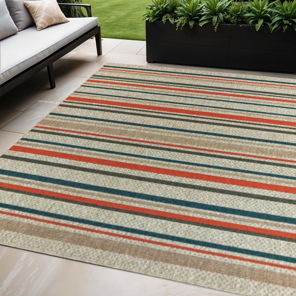 3' X 5' Blue And Gray Striped Indoor Outdoor Area Rug