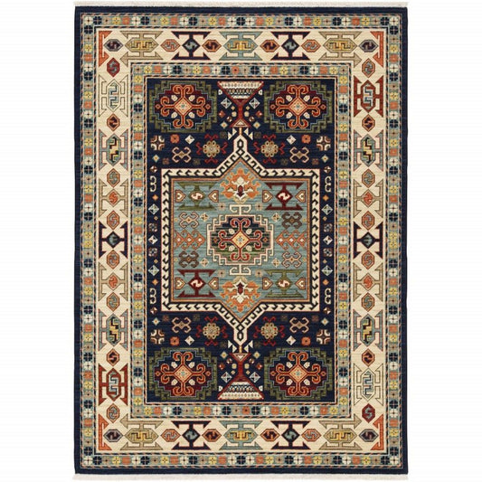 8' X 11' Blue And Ivory Medallion Area Rug