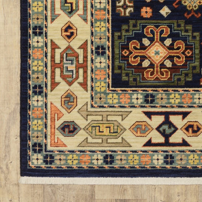 6' Blue And Ivory Wool Handmade Runner Rug