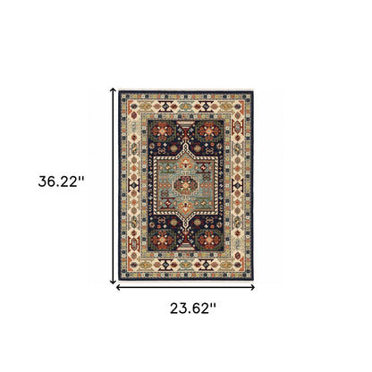 6' Blue Ivory Machine Woven Medallion Indoor Runner Rug