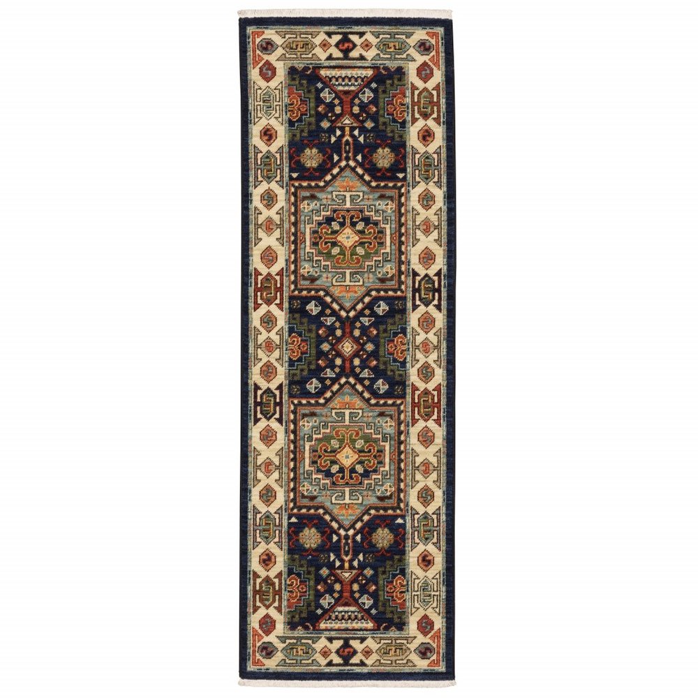 6' Blue And Ivory Wool Handmade Runner Rug