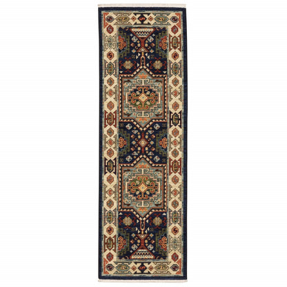 6' Blue Ivory Machine Woven Medallion Indoor Runner Rug