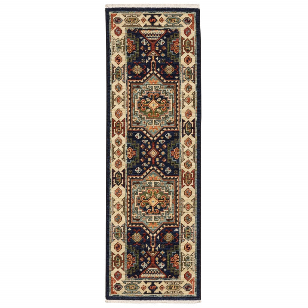 6' Blue Ivory Machine Woven Medallion Indoor Runner Rug