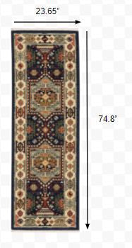 6' Blue Ivory Machine Woven Medallion Indoor Runner Rug