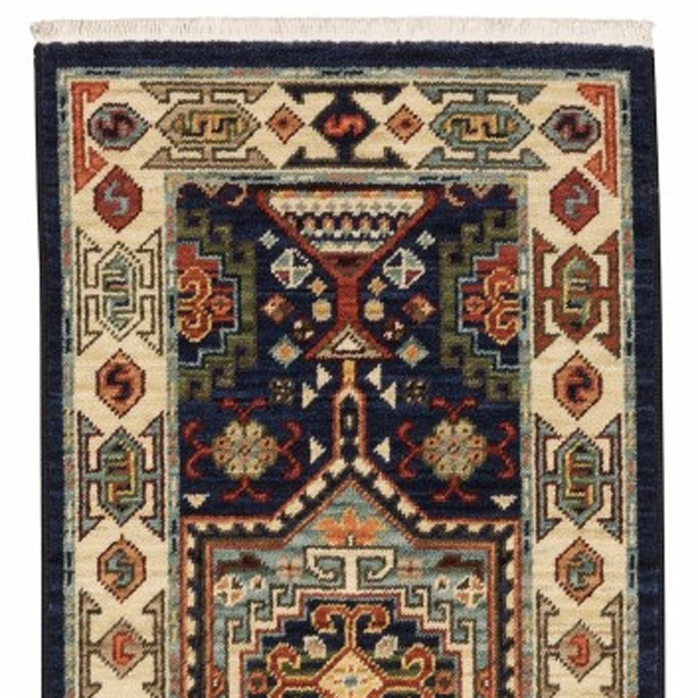 6' Blue And Ivory Wool Handmade Runner Rug