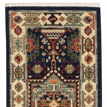 6' Blue And Ivory Wool Handmade Runner Rug